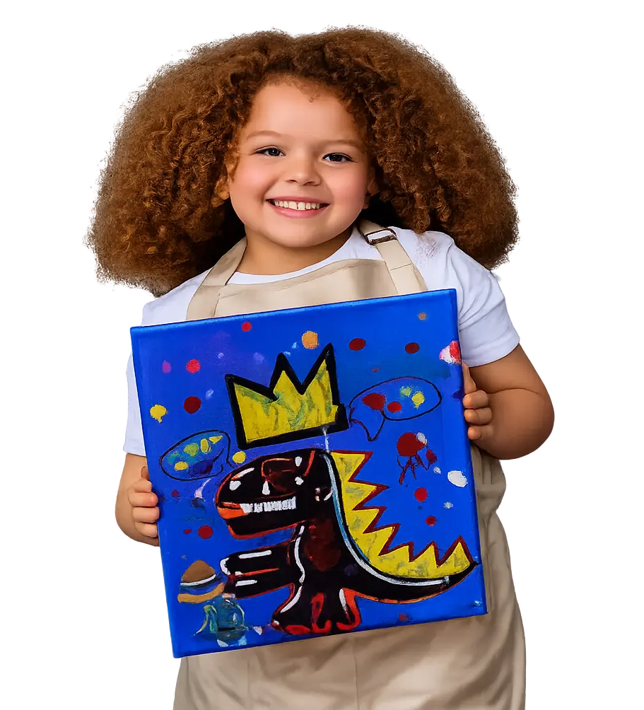 Child holding a colorful painting at Canvas Club